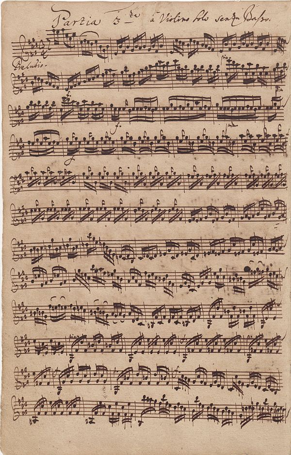 Autograph of Bach's E major Preludio fro solo violin